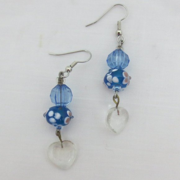 New Blue Floral Lampwork Glass Heart Lightweight Dangle Earrings - Picture 1 of 6